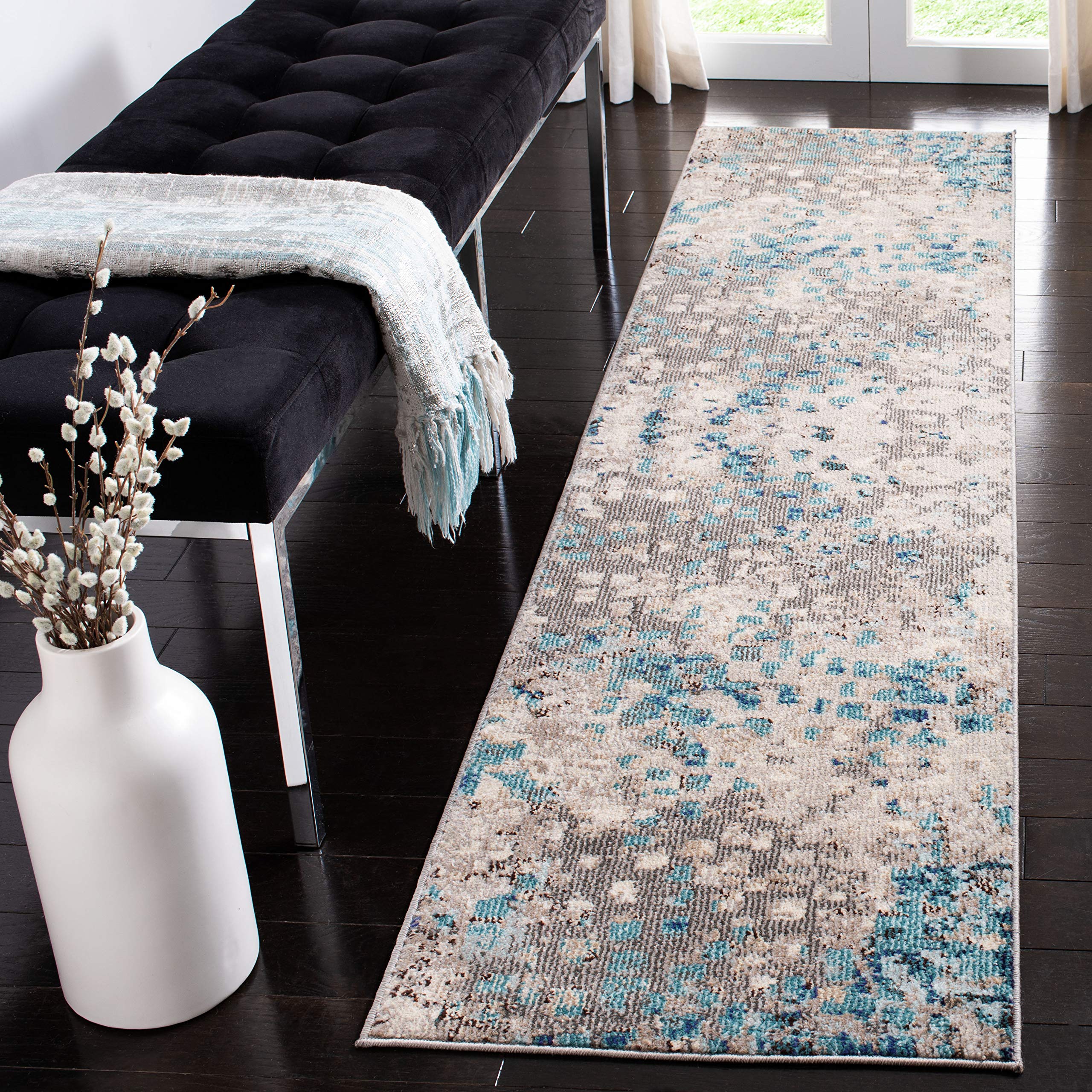 SAFAVIEH Madison Collection Runner Rug - 2'2'' x 20', Grey & Blue, Boho Abstract Distressed Design, Non-Shedding & Easy Care, Id